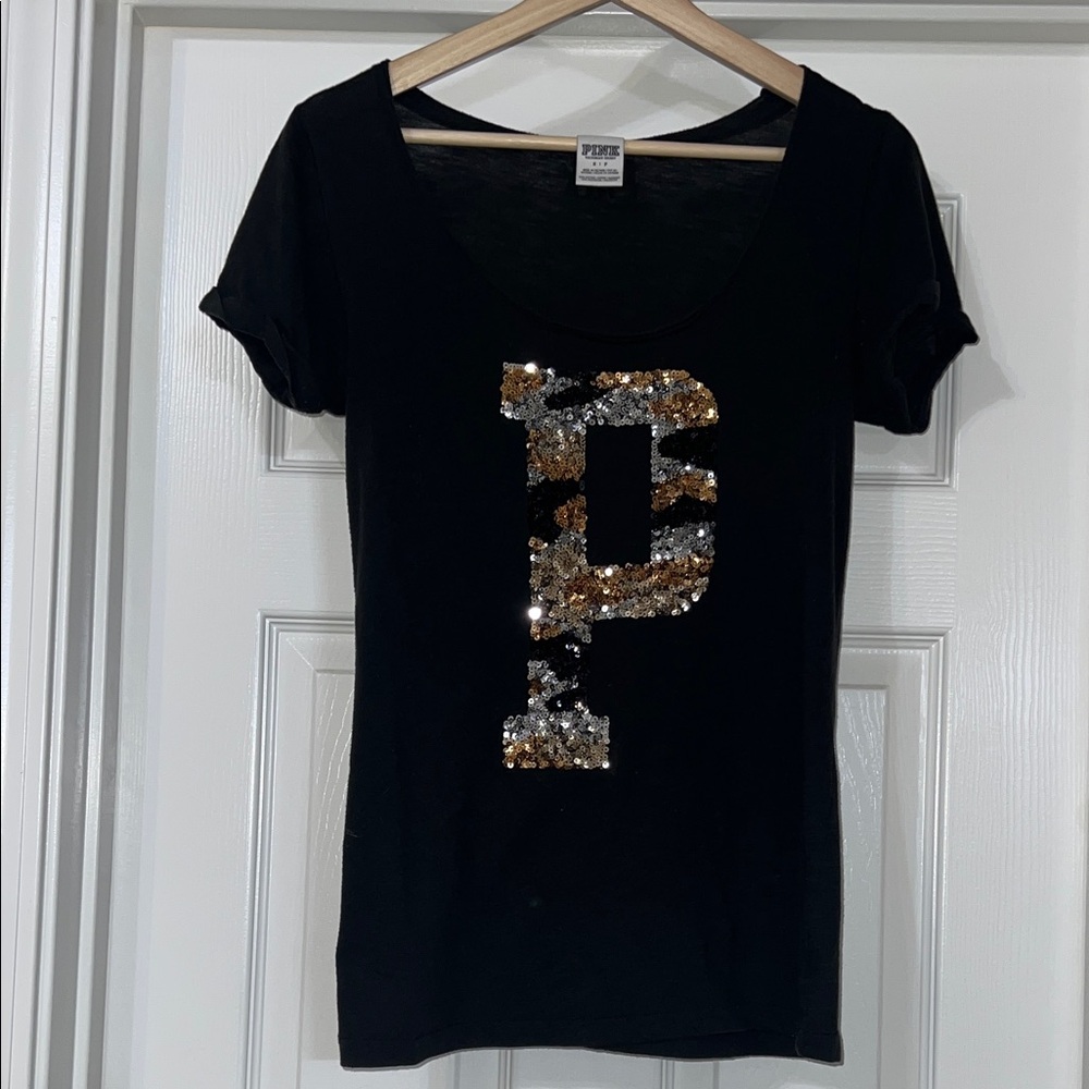 PINK Victoria's Secret Black Tee with Sequin P